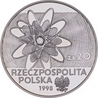 Poland coin 20 Złotych - 100th anniversary of discovering Polonium and Radium (1998) obverse obverse of 20 Złotych - 100th anniversary of discovering Polonium and Radium (1998) coin with Y# 354 from Poland. Inscription: ZŁ 20 RZECZPOSPOLITA POLSKA 1998 mw