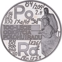reverse of 20 Złotych - 100th anniversary of discovering Polonium and Radium (1998) coin with Y# 354 from Poland. Inscription: Po 100-LECIE ODKRYCIA POLONU i RADU Ra