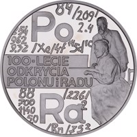 Poland coin 20 Złotych - 100th anniversary of discovering Polonium and Radium (1998) reverse reverse of 20 Złotych - 100th anniversary of discovering Polonium and Radium (1998) coin with Y# 354 from Poland. Inscription: Po 100-LECIE ODKRYCIA POLONU i RADU Ra