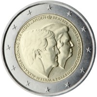 obverse of 2 Euro - Willem-Alexander - Farewell to Queen Beatrix (2014) coin with KM# 356 from Netherlands. Inscription: BEATRIX PRINSES DER NEDERLANDEN 2014 WILLEM-ALEXANDER KONING DER NEDERLANDEN