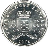 reverse of 10 Gulden - Juliana - Bank of Netherlands Antilles (1978) coin with KM# 20 from Netherlands Antilles. Inscription: NEDERLANDSE ANTILLEN 10 G LIBERTATE UNANIMUS 1978