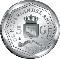 obverse of 5 Gulden - Willem-Alexander - Abolition of Slavery (2013) coin with KM# 88 from Netherlands Antilles. Inscription: DE NEDERLANDSE ANTILLEN 5 G LIBERTATE UNANIMUS 2013