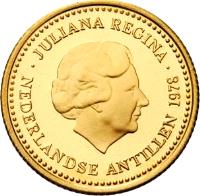 obverse of 100 Gulden - Juliana - Central Bank (1978) coin with KM# 21 from Netherlands Antilles. Inscription: JULIANA REGINA NEDERLANDSE ANTILLEN 1978