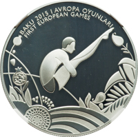Azerbaijan coin 5 Manat - 1st European Games in Baku - Diving (2015) reverse reverse of 5 Manat - 1st European Games in Baku - Diving (2015) coin from Azerbaijan. Inscription: BAKU 2015 I AVROPA OYUNLARI FIRST EUROPEAN GAMES