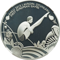 reverse of 5 Manat - 1st European Games in Baku - Diving (2015) coin from Azerbaijan. Inscription: BAKU 2015 I AVROPA OYUNLARI FIRST EUROPEAN GAMES