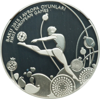 reverse of 5 Manat - 1st European Games in Baku - Rhythmic Gymnastics (2015) coin from Azerbaijan. Inscription: BAKU 2015 I AVROPA OYUNLARI FIRST EUROPEAN GAMES