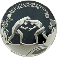 reverse of 5 Manat - 1st European Games in Baku - Wrestling (2015) coin from Azerbaijan. Inscription: BAKU 2015 I AVROPA OYUNLARI FIRST EUROPEAN GAMES