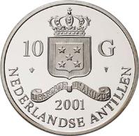 obverse of 10 Gulden - Beatrix - Rouble (2001) coin with KM# 67 from Netherlands Antilles. Inscription: 10 G 2001 NEDERLANDSE ANTILLEN