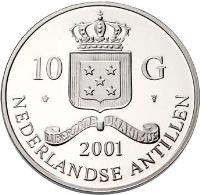 Netherlands Antilles coin 10 Gulden - Beatrix - Gold Rider (2001) obverse obverse of 10 Gulden - Beatrix - Gold Rider (2001) coin with KM# 65 from Netherlands Antilles. Inscription: 10 G 2001 NEDERLANDSE ANTILLEN