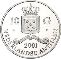 Netherlands Antilles coin 10 Gulden - Beatrix - Clovis I Tremissisfiorino d'oro (2001) obverse obverse of 10 Gulden - Beatrix - Clovis I Tremissisfiorino d'oro (2001) coin with KM# 51 from Netherlands Antilles. Inscription: 10 G 2001 NEDERLANDSE ANTILLEN