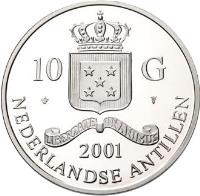 obverse of 10 Gulden - Beatrix - Clovis I Tremissisfiorino d'oro (2001) coin with KM# 51 from Netherlands Antilles. Inscription: 10 G 2001 NEDERLANDSE ANTILLEN