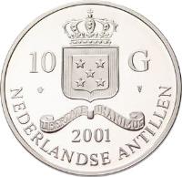 obverse of 10 Gulden - Beatrix - George III Sovereign (2001) coin with KM# 71 from Netherlands Antilles. Inscription: 10 G 2001 NEDERLANDSE ANTILLEN