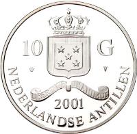 Netherlands Antilles coin 10 Gulden - Wilhelmina - Gold Trade Coins (2001) obverse obverse of 10 Gulden - Wilhelmina - Gold Trade Coins (2001) coin with KM# 70 from Netherlands Antilles. Inscription: 10 G 2001 NEDERLANDSE ANTILLEN