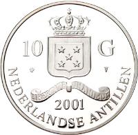 obverse of 10 Gulden - Wilhelmina - Gold Trade Coins (2001) coin with KM# 70 from Netherlands Antilles. Inscription: 10 G 2001 NEDERLANDSE ANTILLEN