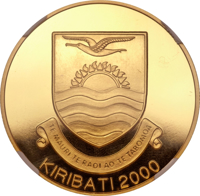 Kiribati coin 200 Dollars - Christmas Island Holy Year 2000 (2000) obverse obverse of 200 Dollars - Christmas Island Holy Year 2000 (2000) coin with KM# A35 from Kiribati. Inscription: TE MAURI TE RAOI AO TE TABOMOA KIRIBATI 2000