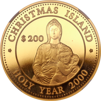 Kiribati coin 200 Dollars - Christmas Island Holy Year 2000 (2000) reverse reverse of 200 Dollars - Christmas Island Holy Year 2000 (2000) coin with KM# A35 from Kiribati. Inscription: CHRISTMAS ISLAND $ 200 HOLEY YEAR 2000