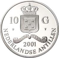 obverse of 10 Gulden - Beatrix - Cosimo de'Medici Fiorino d'oro (2001) coin with KM# 52 from Netherlands Antilles. Inscription: 10 G 2001 NEDERLANDSE ANTILLEN