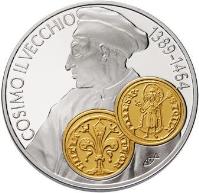 Netherlands Antilles coin 10 Gulden - Beatrix - Cosimo de'Medici Fiorino d'oro (2001) reverse reverse of 10 Gulden - Beatrix - Cosimo de'Medici Fiorino d'oro (2001) coin with KM# 52 from Netherlands Antilles. Inscription: COSIMO IL VECCHIO 1389-1464