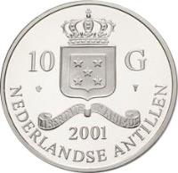 Netherlands Antilles coin 10 Gulden - Beatrix - John II Franc d'or a cheval (2001) obverse obverse of 10 Gulden - Beatrix - John II Franc d'or a cheval (2001) coin with KM# 57 from Netherlands Antilles. Inscription: 10 G 2001 NEDERLANDSE ANTILLEN