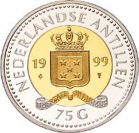 obverse of 75 Gulden - Beatrix - Settlement (1999) coin with KM# 47 from Netherlands Antilles. Inscription: NEDERLANDSE ANTILLEN 19 99 LIBERTATE UNANIMUS 75 G