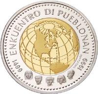 reverse of 75 Gulden - Beatrix - Settlement (1999) coin with KM# 47 from Netherlands Antilles. Inscription: ENKUENTRO DI PUEBLONAN DIOS KU NOS 1499 1999