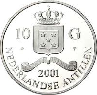 Netherlands Antilles coin 10 Gulden - Beatrix - Isabella and Albrecht Double Albertin (2001) obverse obverse of 10 Gulden - Beatrix - Isabella and Albrecht Double Albertin (2001) coin with KM# 64 from Netherlands Antilles. Inscription: 10 G 2001 NEDERLANDSE ANTILLEN