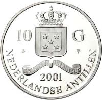 obverse of 10 Gulden - Beatrix - Isabella and Albrecht Double Albertin (2001) coin with KM# 64 from Netherlands Antilles. Inscription: 10 G 2001 NEDERLANDSE ANTILLEN