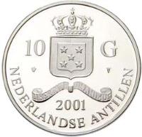 obverse of 10 Gulden - Beatrix - Louis XIII Louis d'or (2001) coin with KM# 66 from Netherlands Antilles. Inscription: 10 G 2001 NEDERLANDSE ANTILLEN