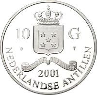 obverse of 10 Gulden - Beatrix - Maria Theresia Double Sovereign (2001) coin with KM# 68 from Netherlands Antilles. Inscription: 10 G 2001 NEDERLANDSE ANTILLEN