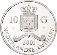 obverse of 10 Gulden - Beatrix - Napoleon Bonaparte 20 Francs (2001) coin with KM# 69 from Netherlands Antilles. Inscription: 10 G 2001 NEDERLANDSE ANTILLEN