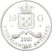 obverse of 10 Gulden - Albert I - 20 Francs (2001) coin with KM# 72 from Netherlands Antilles. Inscription: 10 G 2001 NEDERLANDSE ANTILLEN