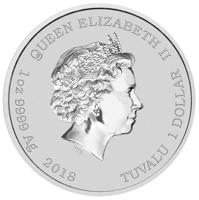 obverse of 1 Dollar - Elizabeth II - Chinese New Year (2018) coin from Tuvalu. Inscription: QUEEN ELIZABETH II IRB 1 oz 9999 Ag 2018 TUVALU 1 DOLLAR