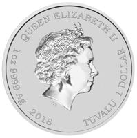 Tuvalu coin 1 Dollar - Elizabeth II - Chinese New Year (2018) obverse obverse of 1 Dollar - Elizabeth II - Chinese New Year (2018) coin from Tuvalu. Inscription: QUEEN ELIZABETH II IRB 1 oz 9999 Ag 2018 TUVALU 1 DOLLAR