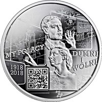 Poland coin 10 Złotych - We Poles, proud and free: 1918-2018 (2018) reverse reverse of 10 Złotych - We Poles, proud and free: 1918-2018 (2018) coin from Poland. Inscription: MY POLACY DUMNI I WOLNI 1918 2018