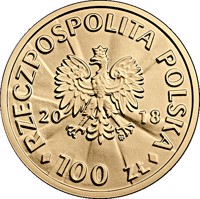 obverse of 100 Złotych - Ignacy Jan Paderewski (2018) coin from Poland. Inscription: RZECZPOSPOLITA POLSKA 20 18 mw 100 ZŁ
