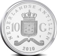 obverse of 10 Gulden - Beatrix - Farewell to the Netherlands Antilles (2010) coin with KM# 81 from Netherlands Antilles. Inscription: NEDERLANDSE ANTILLEN 10 G 2010