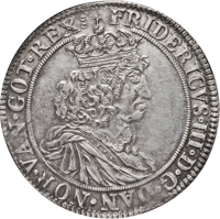 obverse of 1 Speciedaler - Frederik III (1657 - 1661) coin with KM# 212 from Denmark. Inscription: FRIDERICVS·III·D:G DAN·NOR·VAN:GOT·REX