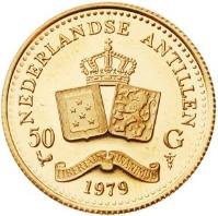 reverse of 50 Gulden - Juliana - 75th Anniversary of the Royal Convenant (1979) coin with KM# 23 from Netherlands Antilles. Inscription: NEDERLANDSE ANTILLEN 50 G LIBERTATE UNANIMUS 1979