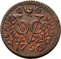 obverse of 1 Duit (1756) coin with KM# 135 from Netherlands East Indies. Inscription: VOC