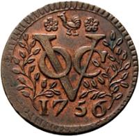 reverse of 1 Duit (1756) coin with KM# 135 from Netherlands East Indies. Inscription: VOC
