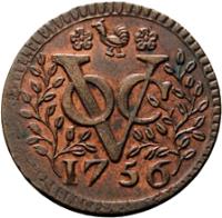 Netherlands East Indies coin 1 Duit (1756) reverse reverse of 1 Duit (1756) coin with KM# 135 from Netherlands East Indies. Inscription: VOC