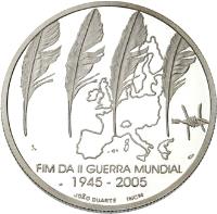 Portugal coin 8 Euro - End of World War II (2005) reverse reverse of 8 Euro - End of World War II (2005) coin with KM# 773a from Portugal. Inscription: FIM DA II GUERRA MUNDIAL - 1945 - 2005 JOÃO DUARTE INCM