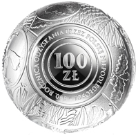 reverse of 100 Złotych - 100th Anniversary of Regaining Independence by Poland (2018) coin from Poland. Inscription: 100 ZŁ 100. ROCZNICA ODZYSKANIA PRZEZ POLSKĘ NIEPODLEGŁOŚCI •