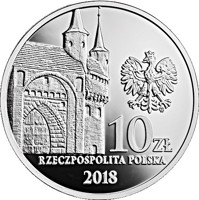 obverse of 10 Złotych - 760th Anniversary of the Kraków Shooting Society – the Brotherhood of the Rooster (2018) coin from Poland. Inscription: mw 10 ZŁ RZECZPOSPOLITA POLSKA 2018