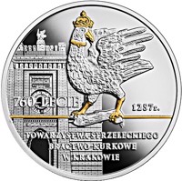 reverse of 10 Złotych - 760th Anniversary of the Kraków Shooting Society – the Brotherhood of the Rooster (2018) coin from Poland. Inscription: 760-LECIE 1257 r. TOWARZYSTWA STRZELECKIEGO BRACTWO KURKOWE W KRAKOWIE