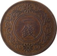 Japan coin 1 Sen - Shōwa (1927 - 1938) reverse reverse of 1 Sen - Shōwa (1927 - 1938) coin with Y# 47 from Japan. Inscription: 一 錢
