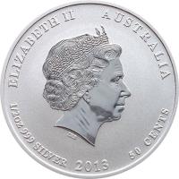 obverse of 50 Cents - Elizabeth II - Lunar Year - Silver Bullion; 4'th Portrait (2013) coin with KM# 1832 from Australia. Inscription: ELIZABETH II AUSTRALIA IRB 1/2 OZ. 999 SILVER 2013 50 CENTS