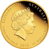 obverse of 15 Dollars - Elizabeth II - Lunar Year - 4'th Portrait (2013) coin with KM# 1835 from Australia. Inscription: ELIZABETH II AUSTRALIA IRB 1/10oz 9999 GOLD 2013 15 DOLLARS