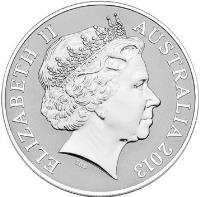 obverse of 1 Dollar - Elizabeth II - Saltwater Crocodile - 4'th Portrait (2013) coin with KM# 2013 from Australia. Inscription: ELIZABETH II AUSTRALIA 2013 IRB
