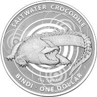 reverse of 1 Dollar - Elizabeth II - Saltwater Crocodile - 4'th Portrait (2013) coin with KM# 2013 from Australia. Inscription: SALTWATER CROCODILE 1 OZ .999 Ag BINDI - ONE DOLLER